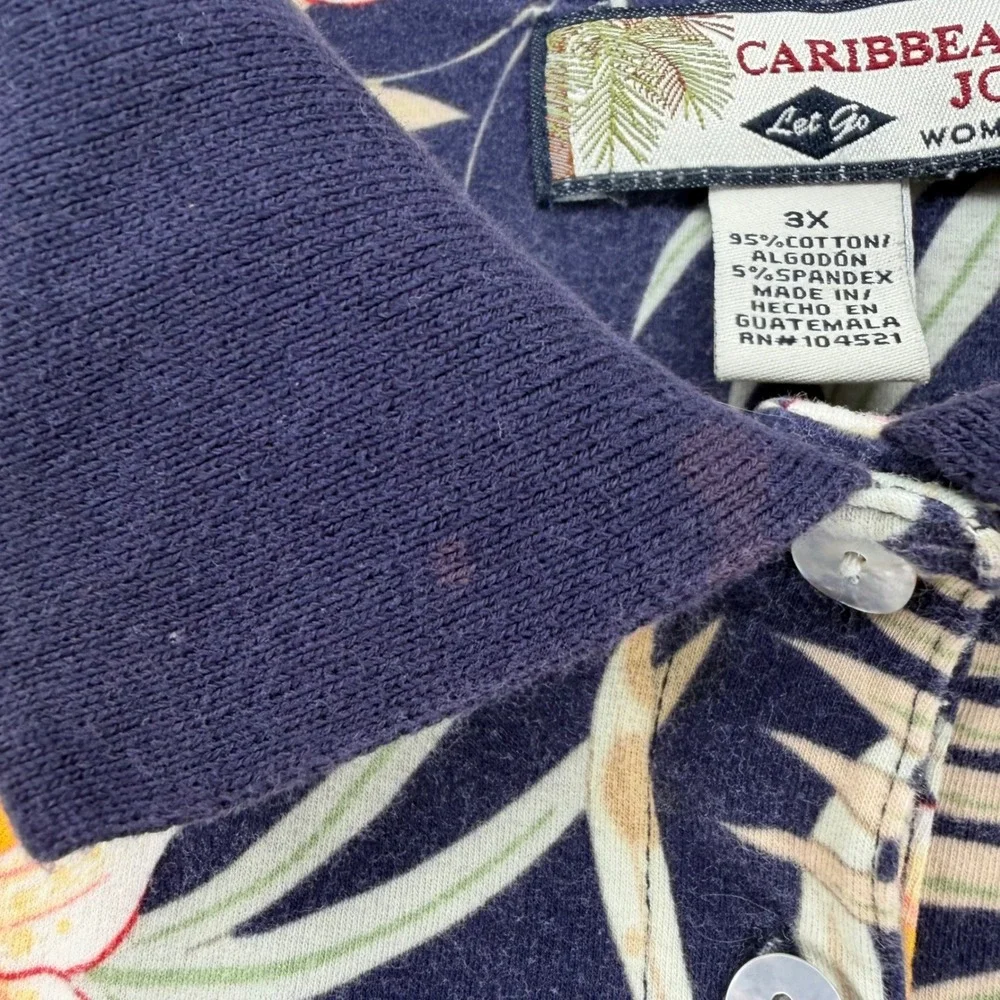 Caribbean Joe Polo Shirt Women 3X Navy Blue Tropical Floral Cotton Resort Casual - Picture 7 of 7